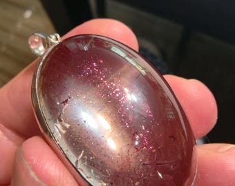 See Video of the rarest inclusion in Quartz | 139 ct. Pink Fire Quartz Crystal Sterling Silver Pendant B69