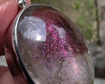 See Video of the rarest inclusion in Quartz | 181 ct. Pink Fire Quartz Crystal Sterling Silver Pendant B60