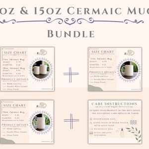 Mockup de caneca, tabela de canecas de 325 ml e 445 ml, guia de mockup de caneca de café para impressão sob demanda, tabela de tamanhos de canecas brancas da Printify