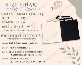Canvas Tote Bag Size Chart, Canvas Tote Bag product details, Liberty Bags OAD113 Care Card, Printify Tote Bag