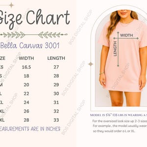 Può includere: Tabella delle taglie per t-shirt Bella Canvas 3001, con misure in pollici. La tabella include le taglie XS-3XL, con le corrispondenti dimensioni di larghezza e lunghezza. Viene mostrato un modello che indossa una maglietta XL. Il testo consiglia di aumentare la taglia per una vestibilità oversize.
