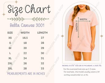 Bella Canvas 3001 Size Chart, BC3001 POD Mockup Sizing Comparison Chart, Unisex Short Sleeve Tee, Trendy Simple Cute Real Model Fit Guide