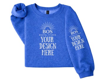 Gildan 18000 Heather Sport Royal Sleeve Mockup, G18000 Crewneck Sweatshirt Layflat Mockup, Gildan 18000 Sleeve Mock, Layflat Mockup, G18000