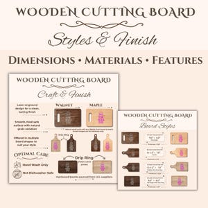 Puede incluir: Gráfico informativo sobre tablas de cortar de madera. Muestra estilos, acabados, dimensiones, materiales y características. Incluye opciones de nogal y arce, formas de tabla e instrucciones de cuidado. El texto incluye "Wooden Cutting Board" y "Styles & Finish."