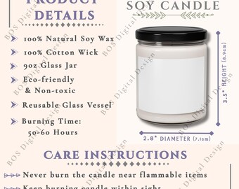 Scented Soy Candle Care Card, 11o Candle Info Sheet Mockup, Printify Soy Wax Candle Product Details, Listing Mockups For Sellers