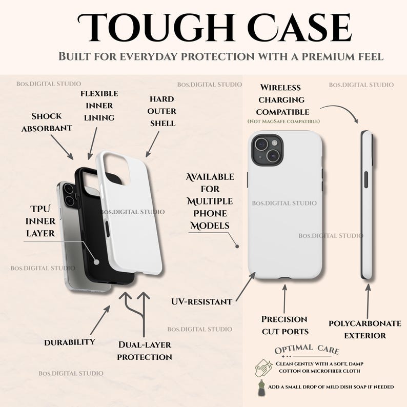 May include: A white phone case with the text "TOUGH CASE" and "BUILT FOR EVERYDAY PROTECTION WITH A PREMIUM FEEL". The image shows the case's features: shock absorbent, flexible inner lining, hard outer shell, and dual-layer protection. It is available for multiple phone models.