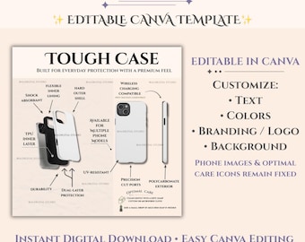 Tough Phone Case, downloadable guide, Product Details, Case Chart, Digital Download, Phone Template, etsy seller mockup, printify mockup,POD
