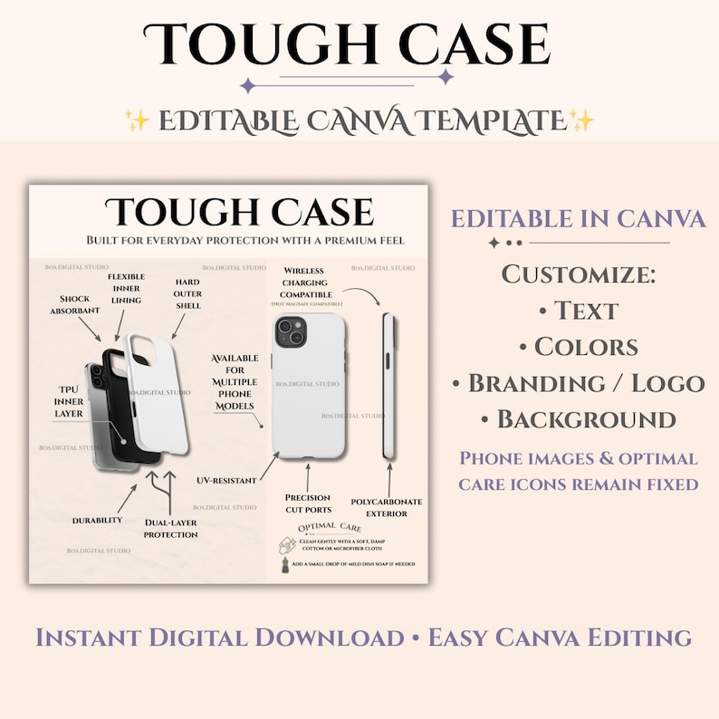 Tough Phone Case, downloadable guide, Product Details, Case Chart, Digital Download, Phone Template, etsy seller mockup, printify mockup,POD image 1