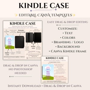 May include: A promotional image for Kindle case templates. The design features the words "Kindle Case" and "Editable Canva Templates." It showcases a Kindle case with a back cover, hand strap, and a graphic that says "Drag Your Design Here."