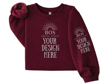 Gildan 18000 Maroon Sleeve Mockup, G18000 Crewneck Sweatshirt Layflat Mockup, Gildan 18000 Sleeve Mock, Layflat Mockup, Maroon G18000 Mockup