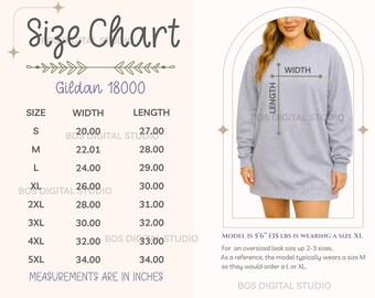 Gildan 18000 Size Chart, G18000 Crewneck Sweatshirt Size Chart, Sizing Guide Mockup, sweatshirt 18000, pod sizing template, comparison chart