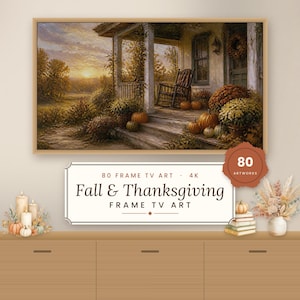 Puede incluir: Una pantalla de televisión digital enmarcada que muestra una escena de atardecer en un porche con una mecedora, calabazas y follaje otoñal. Un letrero rectangular blanco con texto negro dice 80 FRAME TV ART 4K Fall & Thanksgiving FRAME TV ART.