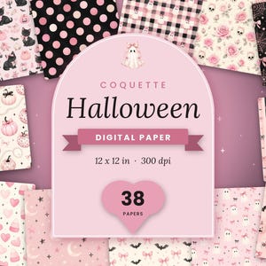 Puede incluir: Una colección de 38 papeles digitales con patrones de Halloween en rosa, negro y blanco. Los diseños incluyen fantasmas, calabazas, lazos, calaveras, rosas, telarañas, murciélagos y dulces. La etiqueta central dice Coquette Halloween Digital Paper 12 x 12 in 300 dpi.