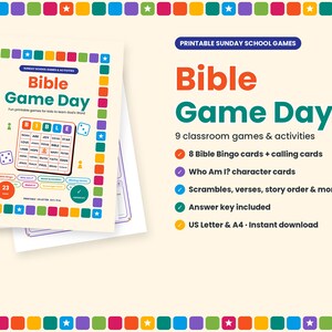 Puede incluir: Un conjunto de actividades imprimibles Bible Game Day con un borde colorido de cuadrados y estrellas. La portada muestra un cartón de bingo con la palabra BIBLE, títulos de juegos y el texto 23 pages. El set incluye 9 juegos, cartones de bingo, tarjetas de personajes, juegos de palabras, versículos y una hoja de respuestas.