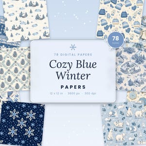 Cozy Blue Winter Digital Paper, Blue Winter Seamless Pattern, Nordic Knit, Snowflake, Hot Cocoa, Polar Bear, Scrapbook Paper 12x12