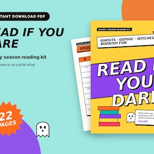 Puede incluir: Un kit de lectura digital de 22 páginas titulado Read If You Dare, con una portada amarilla con detalles en morado, una pila de libros coloridos y una ilustración de un fantasma. Incluye cartones de bingo, registros y marcapáginas.