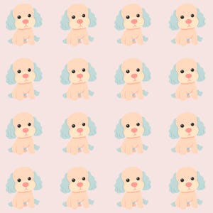 Puede incluir: Patrón repetido de perros de dibujos animados sobre un fondo rosa claro. Cada perro es de color beige claro con orejas azules y una nariz rosa. Los perros están sentados, mirando hacia adelante y tienen ojos negros.