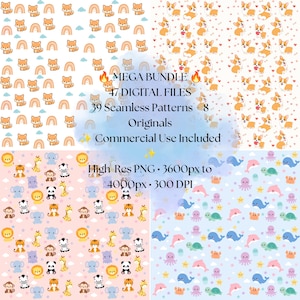 Puede incluir: Una colección de archivos digitales con cuatro patrones sin costuras distintos con zorros, corgis, animales de la selva y criaturas marinas. Texto: MEGA BUNDLE 47 DIGITAL FILES 39 Seamless Patterns + 8 Originals Commercial Use Included High Res PNG 3600px to 4000px 300 DPI.