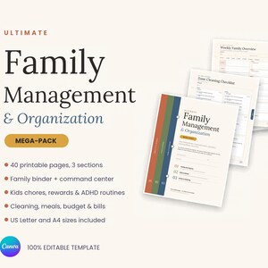 Editable Family Binder Canva Template, Family Command Center Printable, Kids Chore Chart Reward System, Home Management ADHD Routine Planner