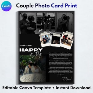 Peut inclure: Impression de carte photo de couple en noir et blanc avec le texte "Couple Photo Card Print" en haut. La carte comprend plusieurs photos, les mots "Happy Birthday" et un message d'amour.