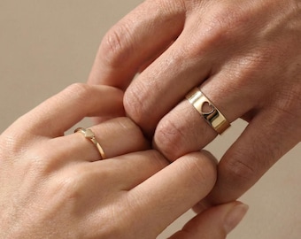 Anéis de coração combinando para casais, joias para melhores amigas, anel de sinete banhado a ouro, presente para relacionamento à distância, anel de quebra-cabeça de coração