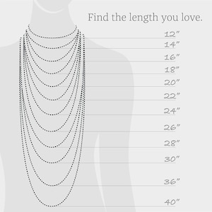 Pode incluir: Um diagrama que ilustra os comprimentos dos colares, de 30 cm a 101 cm, exibido em um torso estilizado. O texto "Find the length you love" est&aacute; no topo. A imagem mostra v&aacute;rios comprimentos de colares.