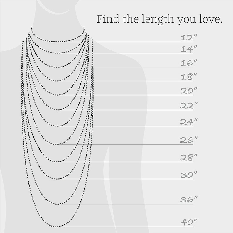 Pode incluir: Um diagrama que ilustra os comprimentos dos colares, de 30 cm a 101 cm, exibido em um torso estilizado. O texto "Find the length you love" est&aacute; no topo. A imagem mostra v&aacute;rios comprimentos de colares.