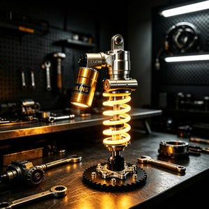 May include: A metallic suspension shock absorber featuring a bright yellow coil spring and a gold-colored reservoir tank labeled ÖHLINS TTX. The unit is mounted on a black circular gear base, with various steel wrenches and tools scattered nearby.