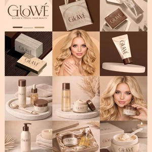 Könnte beinhalten: Eine Collage von Schönheitsprodukten der Marke Glowé, darunter Hautpflegeartikel wie Lotionen, Cremes und Seren. Die Produkte werden auf neutralfarbenen Plattformen präsentiert und enthalten das Markenlogo. Das Bild zeigt auch eine Tragetasche und eine blonde Frau. Maße in cm und Gramm.