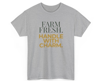 Camiseta divertida con asa y dije "Frescura de granja", camiseta con humor coqueto, camiseta de chiste para chica, bonito regalo de granja, camiseta con humor campestre, chico de granja, algodón gris