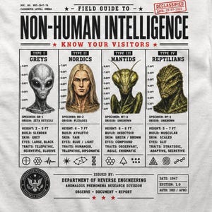 Non Human Intelligence Guide Shirt,Greys Reptilian Nordic Mantid Alien Types Shirt,Conspiracy Theory Tee,Paranormal Gift, Declassified Shirt