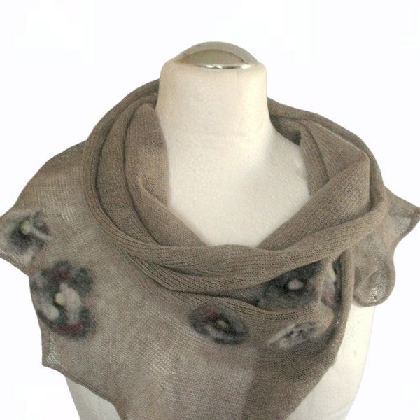 Linen Scarf Natural Gray Infinity Scarf Cowl Wrap Gray Red Poppy Felted Wool Leinenschal Schal lin skjerf