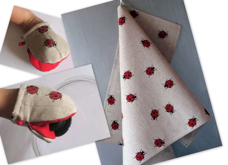 Linen Kitchen kit for women Valentines Day Easter Oven Mit Natural Gray Ladybug Red Black