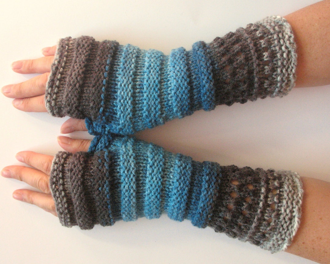 Fingerless Gloves Gray Black White Blue Arm Warmers Knit Soft Etsy