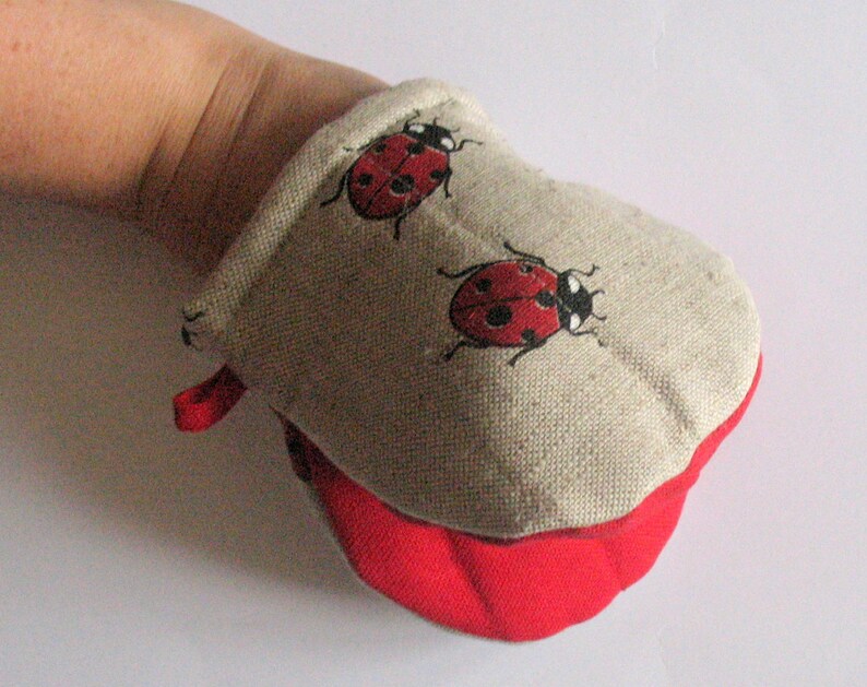 Linen Kitchen kit for women Valentines Day Easter Oven Mit Natural Gray Ladybug Red Black
