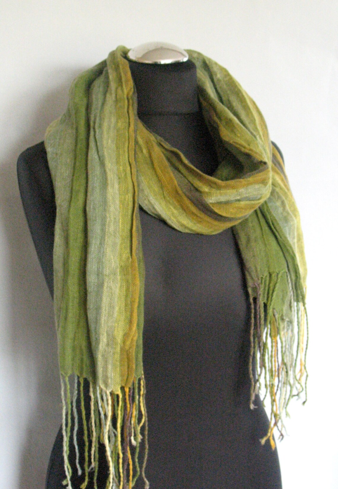 Linen Scarf Washed Striped Moss Green Salad Yellow Gray - Etsy