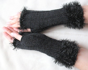 Fingerless Gloves Black Arm Warmers Mittens Knit, Acrylic