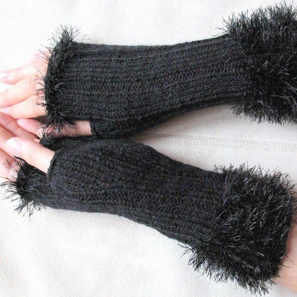 Fingerless Gloves Black Arm Warmers Mittens Knit, Acrylic