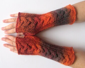 Fingerless Gloves Wrist Warmers Mittens Red Orange Brown Burgundy Knit