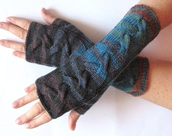 Brown Fingerless Gloves Blue Green Black Long Mittens Arm Warmers Acrylic Wool