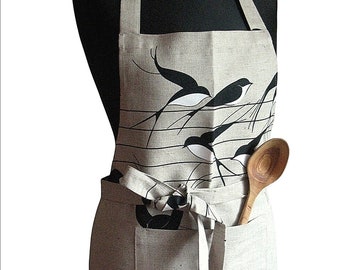 Apron Women Linen Kitchen Natural Gray Black Swallows Birds