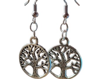 Earrings with tree and 925 Stamped Silver Earring plated Hooks , handmade