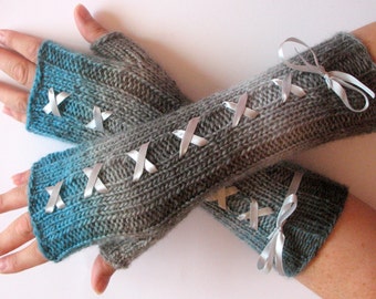 Corset Fingerless Gloves Mittens Gray Blue Azure Arm Warmers Wool