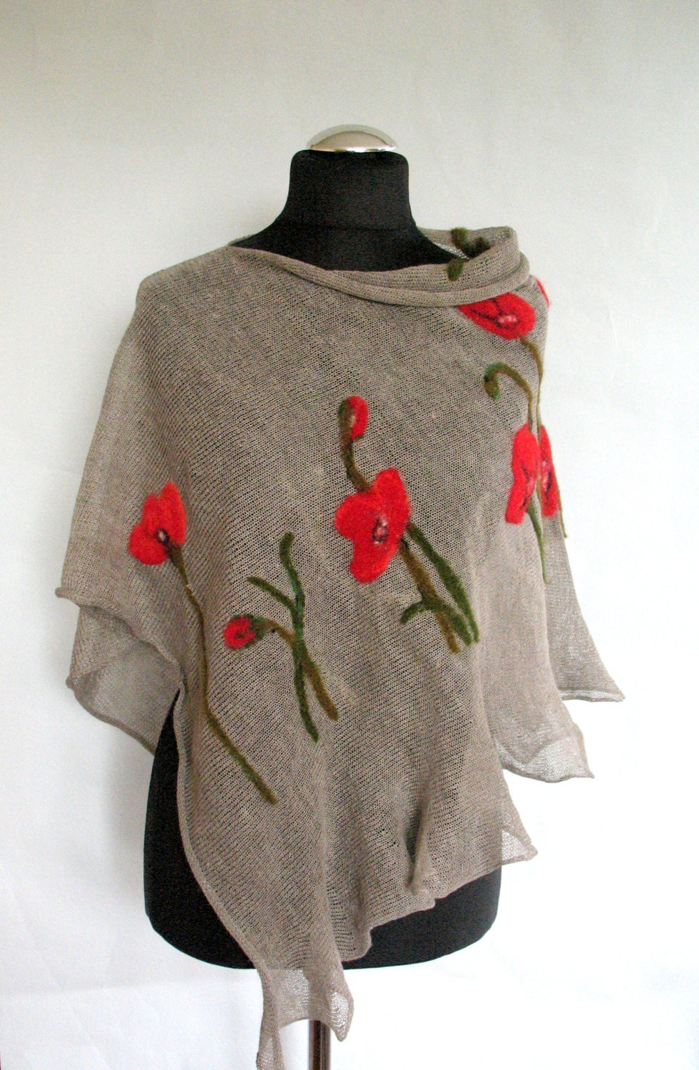 Linen Shawl Cape Clothing Natural Gray Red Poppy Felted Wool | Etsy