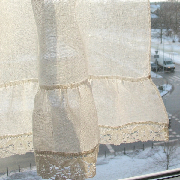 Ruffled Curtains White Curtains Vintage Curtains Cafe Curtains Washed Linen White Kitchen Curtains Lace Panels Curtains Burlap Curtains