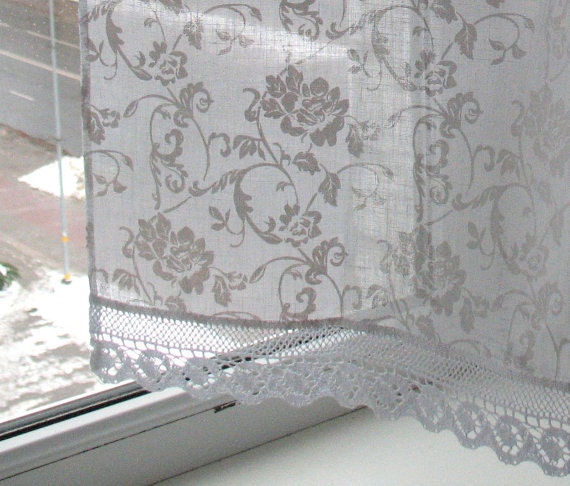 Vintage Lace Curtains Cafe Curtains Washed Linen White Kitchen Etsy