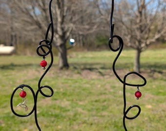 Hand-Twisted Wire Hummingbird Swing with Red Crystal Beads and Silver Charm