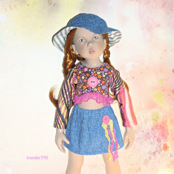 For 55 cm / 21 inch Zwergnase Junior Dolls, Multicolor Mix Print Ruffle Top, Denim Skirt and Hat, Handmade Doll Clothes by dolltraveller