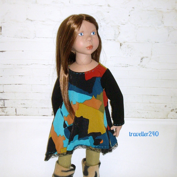 Handmade for 50 cm/ 19 inch Zwergnase Dolls, Swing Dress, Leggings and Boots, Multicolor Abstract Print, Doll Clothes by dolltraveller