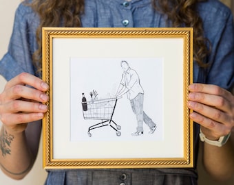 Food Shopping / Original Framed Pencil Drawing / One-off illustration